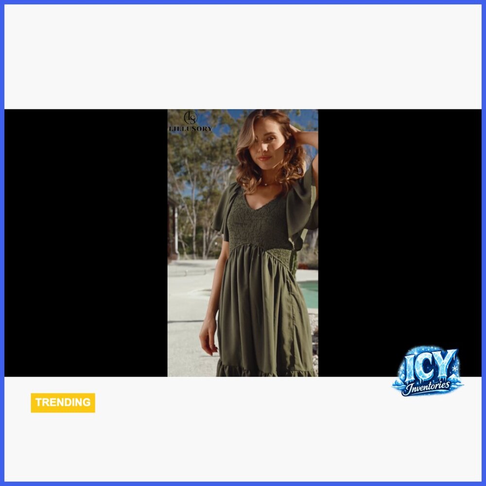 Flowy Casual Mini Dress with Pockets Smocked V Neck - Picture 6 of 6